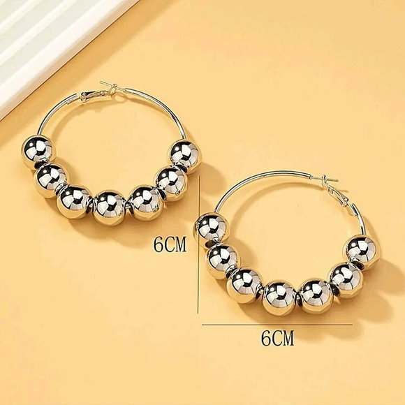 Silver Hoop Ball Statement Earrings - Picture 5 of 5